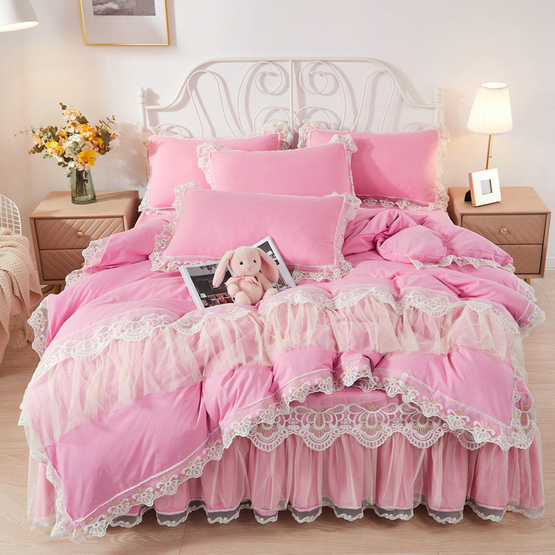 Korean Style Princess Wind Bed Skirt Four-piece Lace Duvet Cover Bedspread