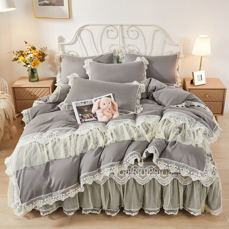 Korean Style Princess Wind Bed Skirt Four-piece Lace Duvet Cover Bedspread