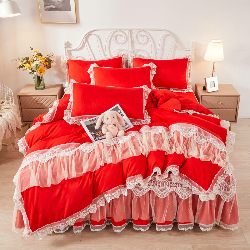 Korean Style Princess Wind Bed Skirt Four-piece Lace Duvet Cover Bedspread