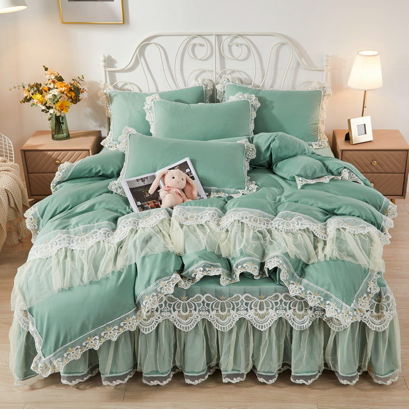 Korean Style Princess Wind Bed Skirt Four-piece Lace Duvet Cover Bedspread